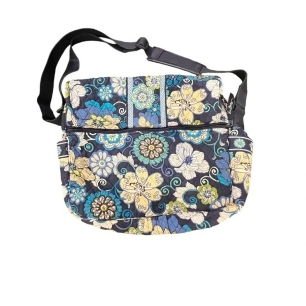 Vera Bradley Blue Messenger Bag Floral Lindsey Laptop Briefcase Book Bag 14x10x4